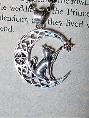Cat & Moon w/ Garnet Pendant Necklace